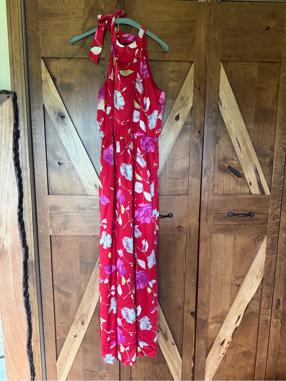 Red floral halter maxi